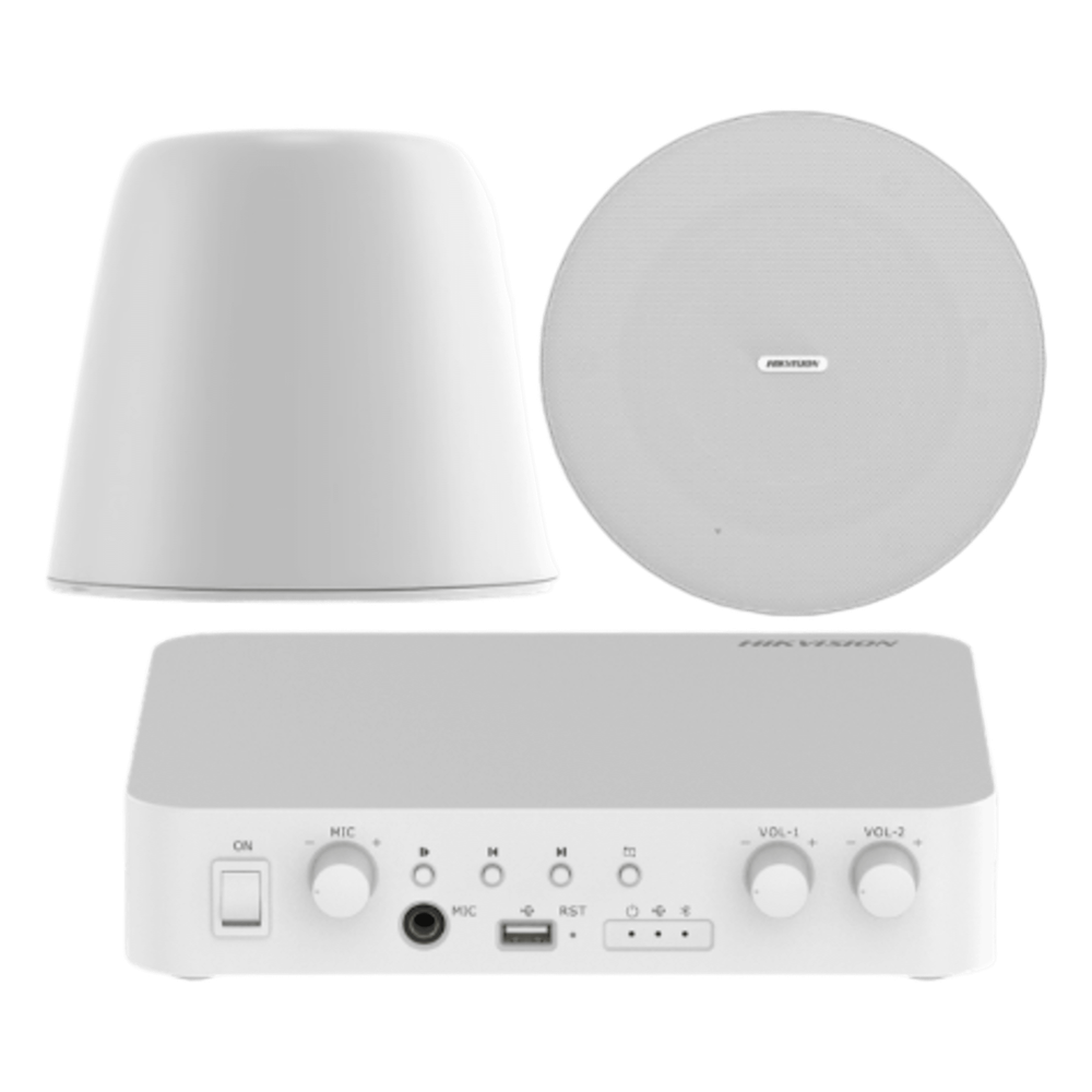 Hikvision dsqaekit0530/st Kit de amplificador compatible con Spotify | Bluetooth | 2 Altavoces Colgantes | sistema 100v | 2 canales con control de volumen independiente | música ambiental
